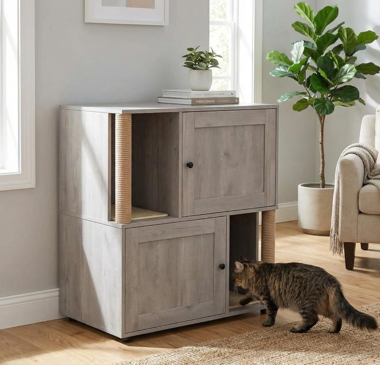 Dual Cat Litter Box Enclosure, Hidden Litter Furniture Cabinet with Two ...