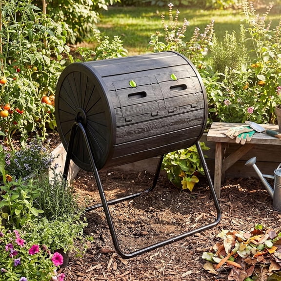 Dual Chamber Compost Bin, 37.5 Gallon Compost Tumbler Outdoor wtih 2 Lockable Doors & Metal Stand, BPA-Free 360 Rotating Batch Composter for Garden, Kitchen, Yard Waste (Black)
