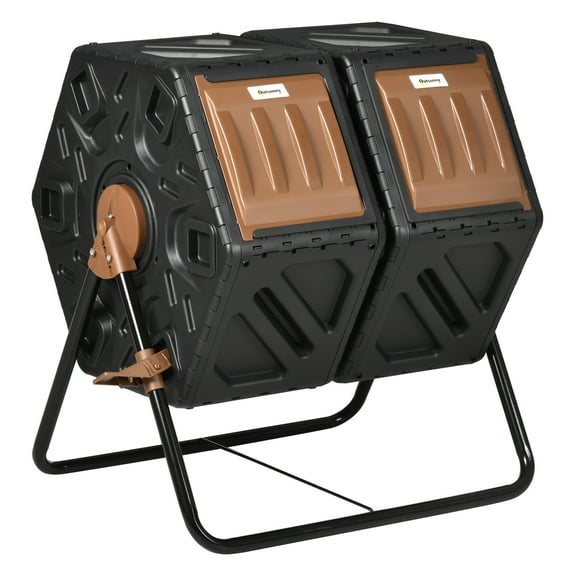 Dual Chamber Compost Bin, Outdoor Tumbling Composter with 24 Ventilation Openings and Steel Legs, 34.5 Gallon Black + Steel