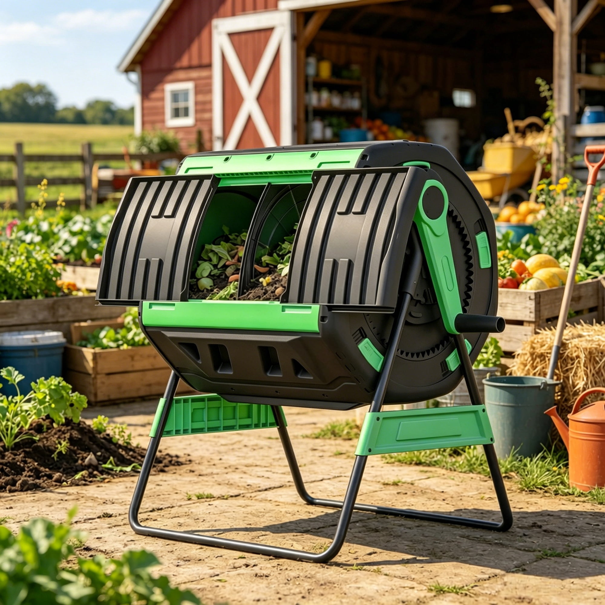 Dual Chamber Rotating Compost Tumbler with Elevated Metal Base, 360° Rotatable BPA-Free Compost Bin with Adjustable Vents for Backyard Garden