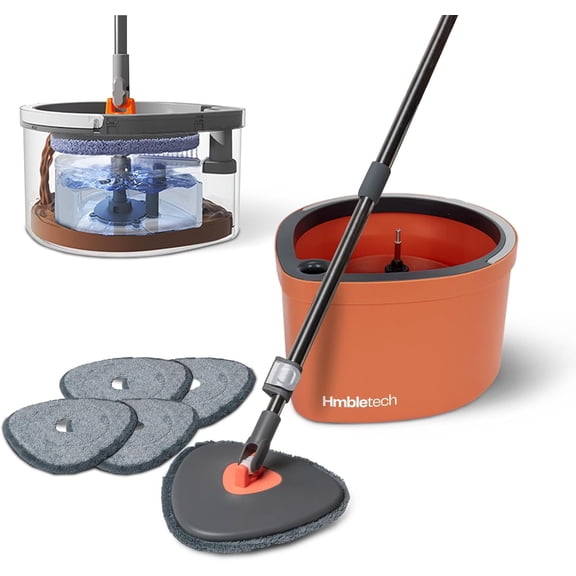 Dual Chamber Spin Mop and Bucket System, Separate Dirty Water, Set with Self-Wringing 360 Rotating Head, Includes 4 Washable Microfiber Pads. (Orange)