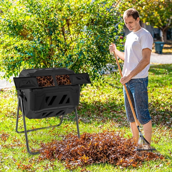 Dual Chamber Tumbling Composter, 360 Degree Rotating Outdoor Compost Bin with 2 Sliding Doors, Black