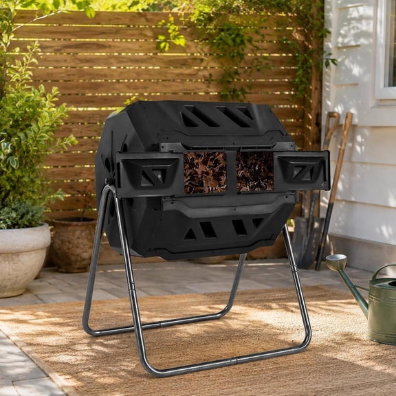 Dual Chamber Tumbling Composter, 360 Degree Rotating Outdoor Compost Bin with 2 Sliding Doors, Black