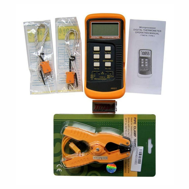 Dual Channel K Type Digital Thermocouple Thermometer 6802 II, + Pipe Clamp, HVAC
