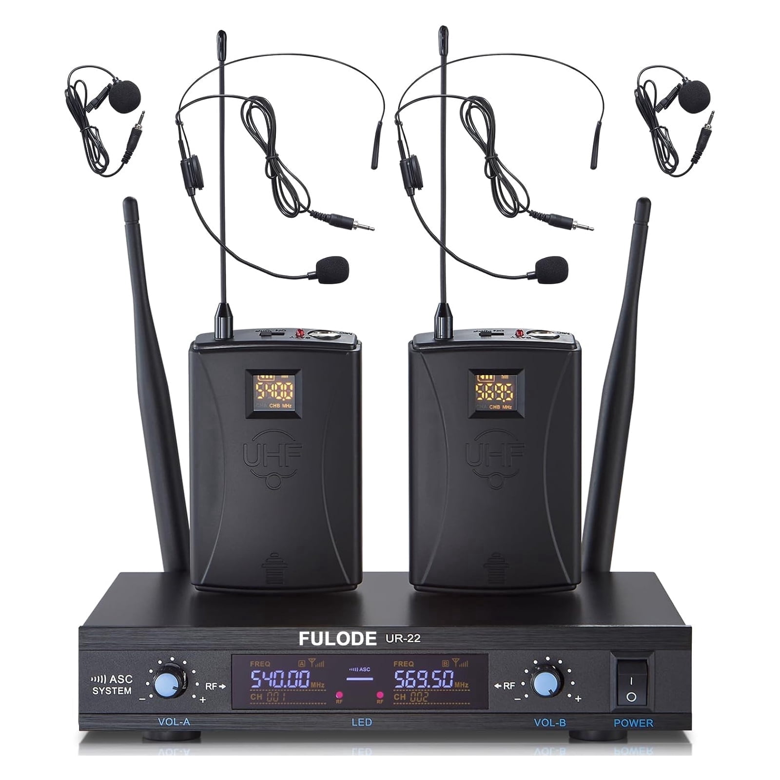 Dual Channel UHF Wireless Microphone System, 2x30 Adjustable Frequencies, Lavalier & Headset Microphone System for Meeting, Church, 300ft Range (2 Bodypack)