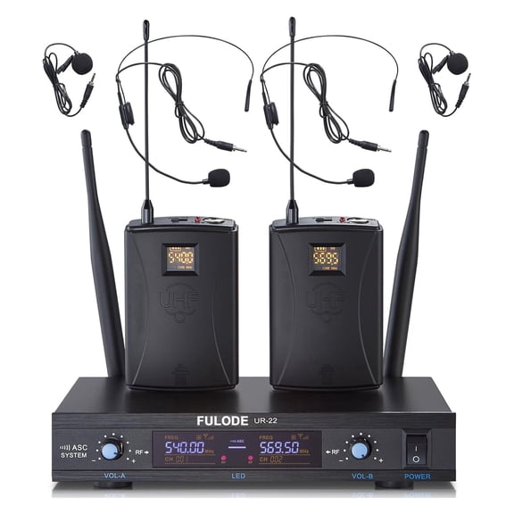 Dual Channel UHF Wireless Microphone System, 2x30 Adjustable Frequencies, Lavalier & Headset Microphone System for Meeting, Church, 300ft Range (2 Bodypack)