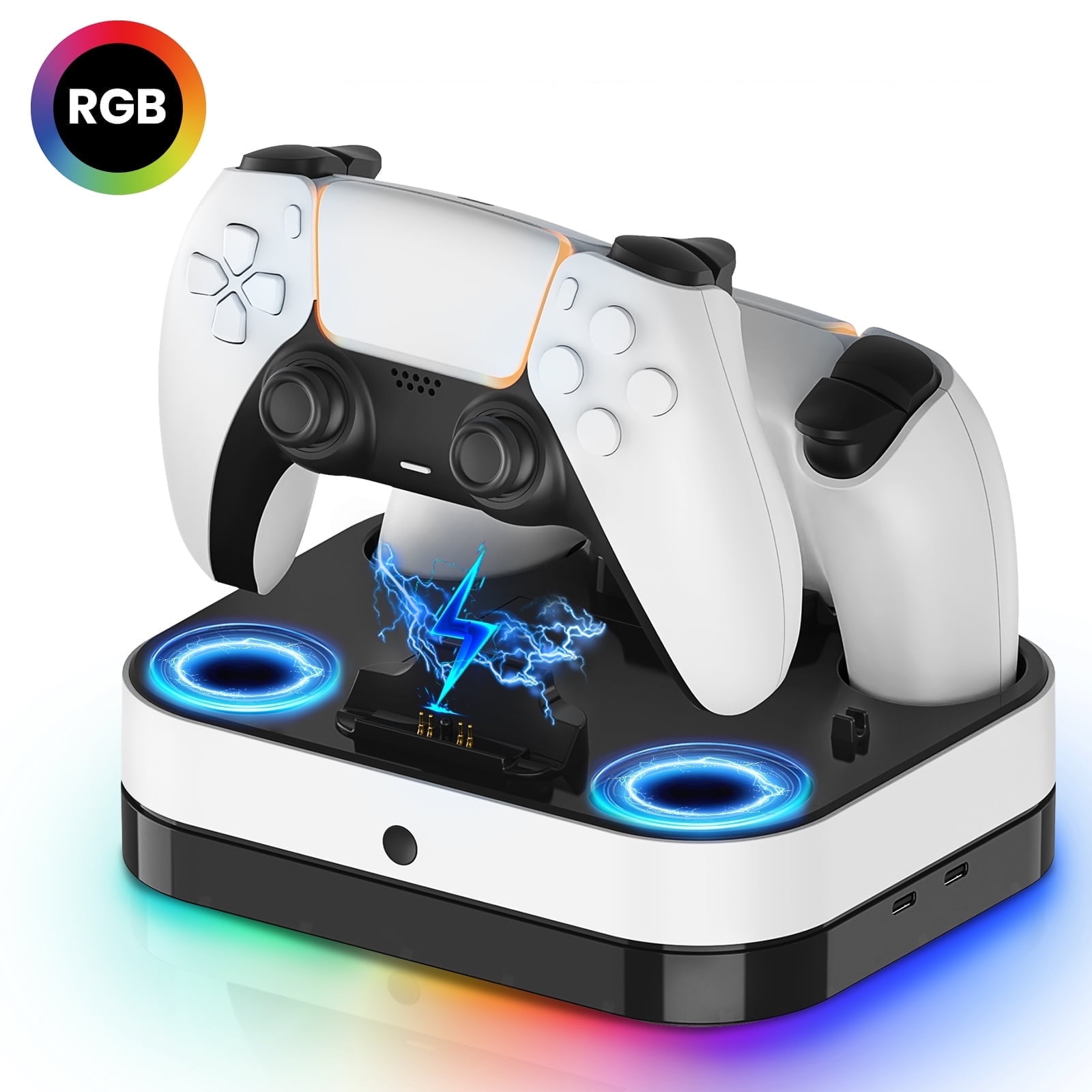 2-in-1 for PS5 Controller Charger, Dual Controller Charging Station, Fast for PS5 Charging Dock with RGB Lights, Indicator LED, for PS5/DualSense Edge/Elite Controller