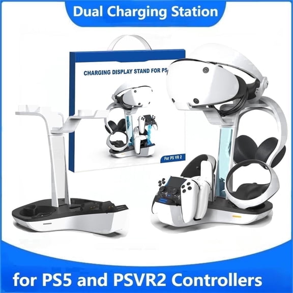 Dual Charging Station for P5 and PSVR2 Controllers, 4 in 1 Charging Dock for PS VR2 with VR Headset Display Stand, Headphone Holder, LED Lights & 3*Magnetic Connectors, Electronics Accessories