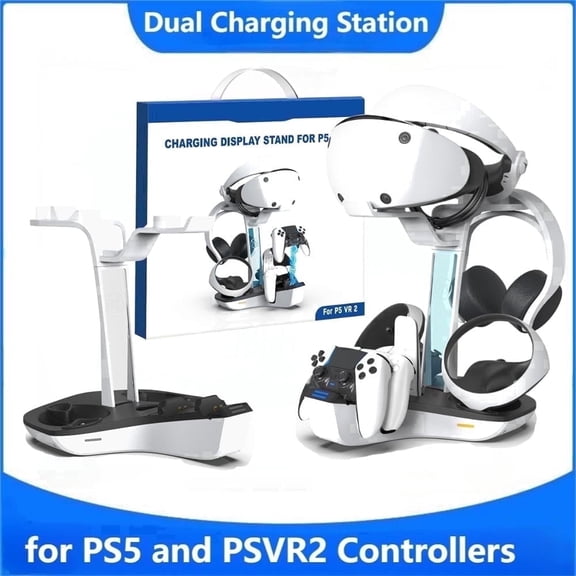 Dual Charging Station for P5 and PSVR2 Controllers, 4 in 1 Charging Dock for PS VR2 with VR Headset Display Stand, Headphone Holder, LED Lights & 3*Magnetic Connectors, Electronics Accessories