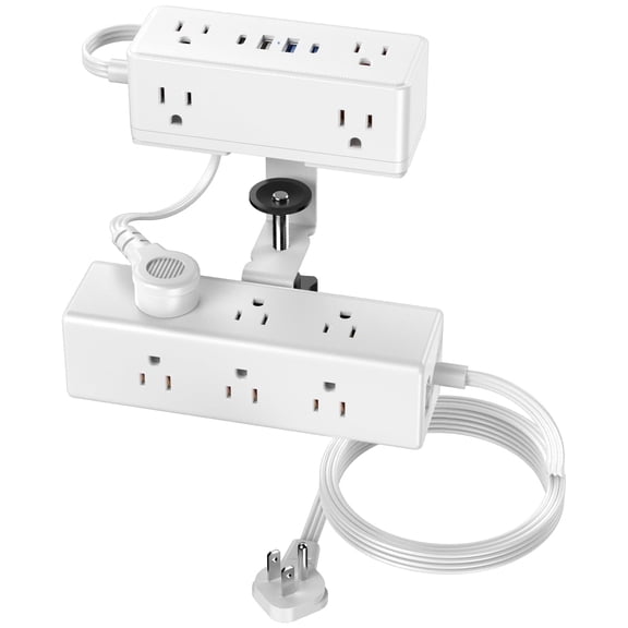 VILONG Desk Clamp Power Strip with USB-C,Desktop Edge Mount Surge Protector Power Strip with 15 Outlets,Clamp-on Power Station for Office,White
