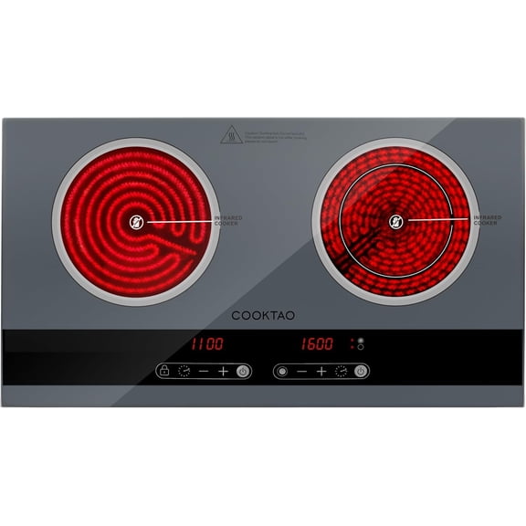 Dual Coil Design 2 Burner Electric Cooktop 1800W Ceramic Hot Plate for Cooking Infrared Double Burner Portable Countertop or 24inch Built-in Radiant Stove Top Cooker Compatible with All Cookware
