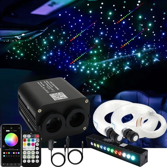 Dual Color 20w Twinkle Fiber Optic Starlight Headliner Kits 900 count 0.03in 9.8ft, RGB Meteor  , Sound Activated Remote APP Control   Ceiling Decor