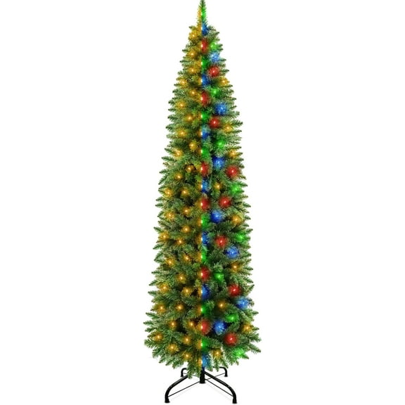 Dual Color Change&Timer 6Ft Prelit Artificial Slim Christmas Tree, 240 Warm White&Colored Lights, 658 Thick Branch Tips, 8 Mode, Fire-Resistant, Metal Stand, UL Plug, Hinged Christmas Xmas Tree Decor