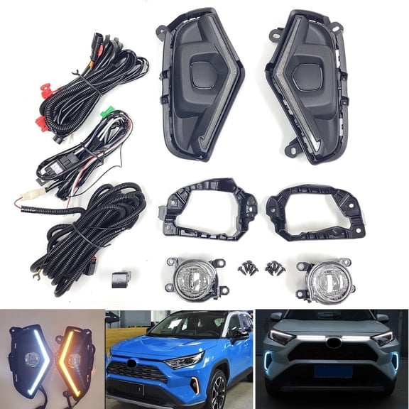 Dual Color LED Fog Driving Lights Kit Wire Switch Bezel For 2019-2025 Toyota Rav4 Rav 4 White DRL Amber Signal Sequential Accessories Lamps
