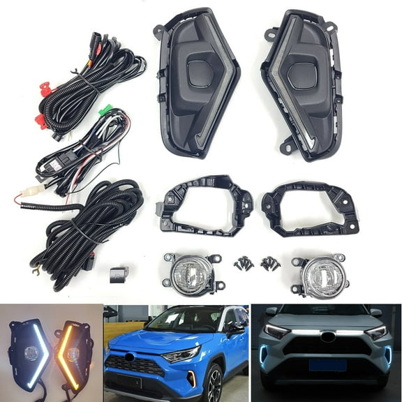 Dual Color LED Fog Driving Lights Kit Wire Switch Bezel For 2019-2024 Toyota Rav4 Rav 4 White DRL Amber Signal Sequential Accessories Lamps