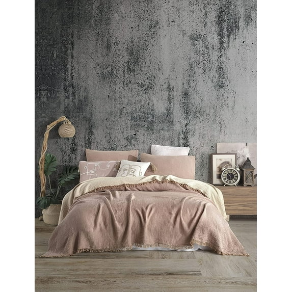 Dual Color Organic Cotton, 4 Layer Gauze Lightweight Full Size Throw, Lightweight Gauze Cotton Bed Cover, Full Size Gauze Throw ,With Fringes