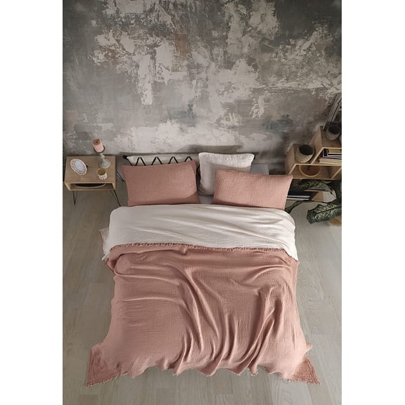 Dual Color Organic Cotton, 4 Layer Gauze Lightweight XL Twin Size Throw, Lightweight Gauze Cotton Sofa Cover, XL Twin Size Gauze Throw, With Fringes