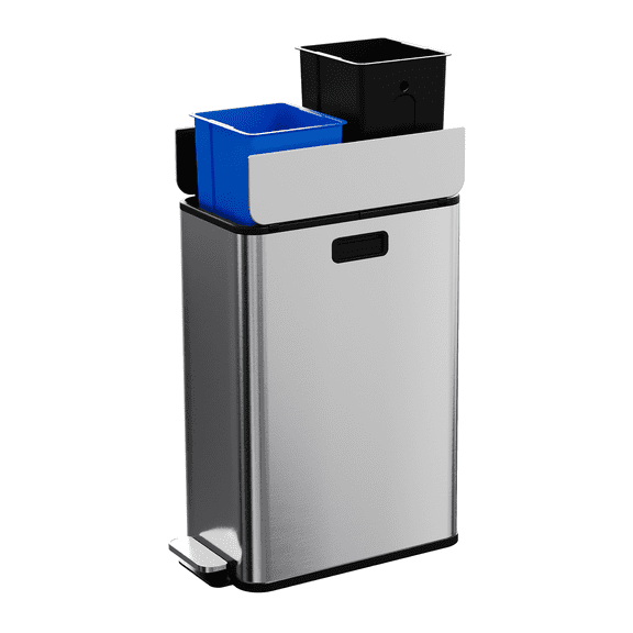 Dual Compartment 15 Gallon Stainless Steel Step Trash Can, Slim Rectangular Butterfly Lid Recycling Bin, Odor Proof Slow Close with Removable Inner Buckets for Kitchen