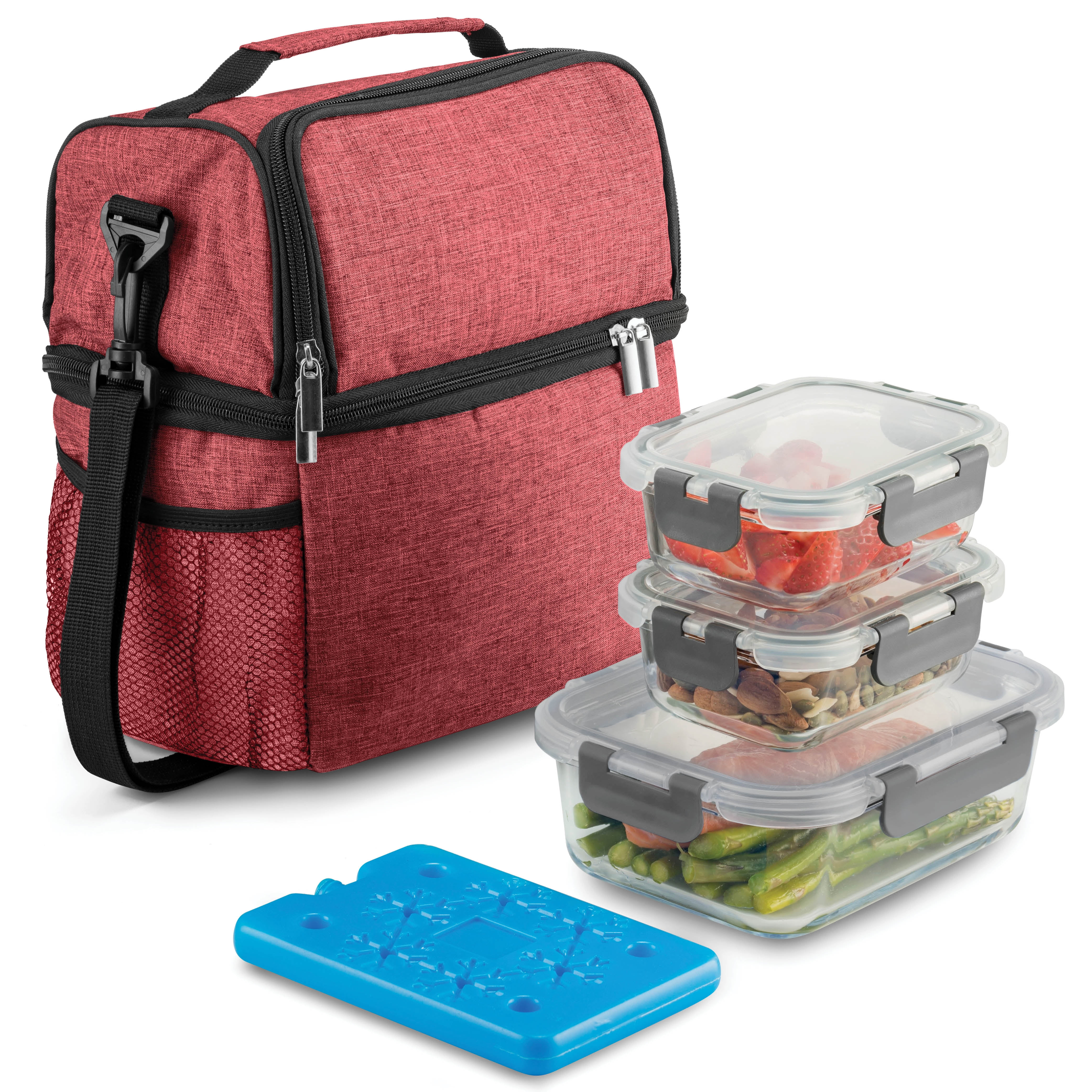 Dual Compartment Insulated Lunch Bag with Glass Meal Prep Containers