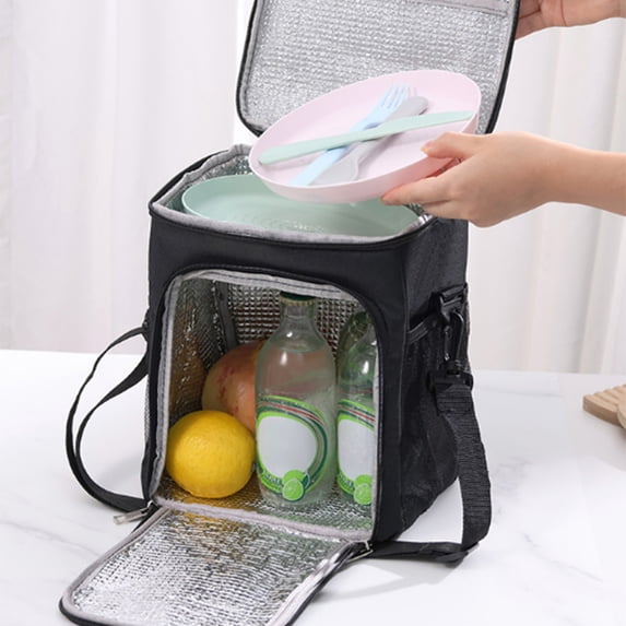 Dual Compartment Insulated Lunch Cooler Bag, Black Leakproof Thermal Tote with Shoulder Strap for Office Picnic Camping Daily Use, 8.4×9.6 Inch by XSAOP