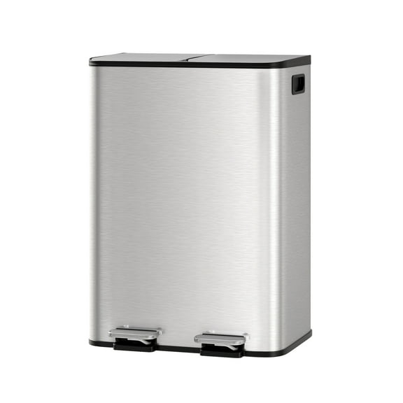 Dual Compartment Kitchen Trash Can Stainless Steel - Step-On Double Garbage & Recycling Bin - Soft-Close Lid, Removable Buckets, Hands-Free - Silver, 2x30L
