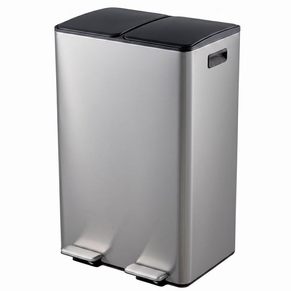 Dual Compartment Kitchen Trash & Recycling Bin 16 Gallon (2x8 Gal) Stainless Steel Step-On, Soft Close Odor-Proof Lid, Removable Buckets, Rust-Resistant, Space-Saving Silver