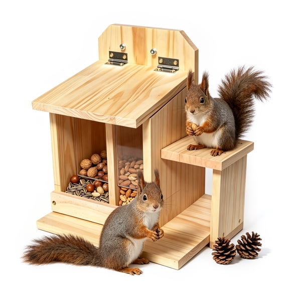 Dual-Compartment Solid Wood Squirrel Feeder with Storage Bins & Feeding Platforms - Wildlife Station for Backyard Squirrels & Chipmunks, Holds Corn & Nuts - Easy Tree or Fence Mount