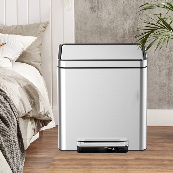 Dual Compartment Stainless Steel Indoor Recycling Bin – Step-On Trash Can with Lid, Removable Buckets, Fingerprint-Proof, 30L (15L x 2), For Kitchen, Home, Office