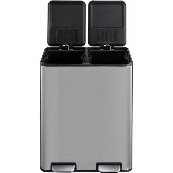 Dual Compartment Stainless Steel Kitchen Trash Can - 60L/16 Gal Capacity - Step Pedal & Soft-Close Lid - 2 Removable Inner Bins - Ideal for Recycling & Waste at Home or Office
