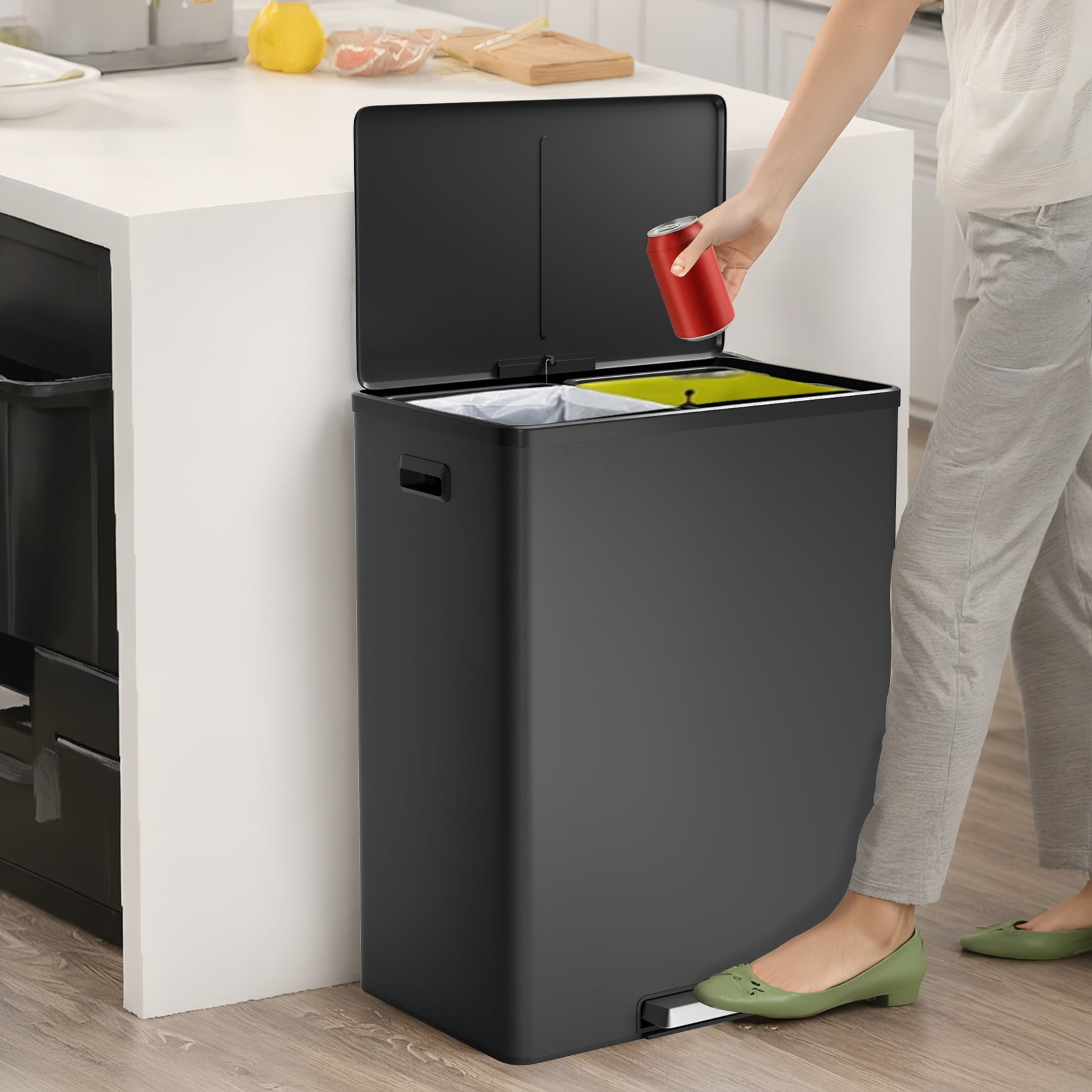 Dual Compartment Stainless Steel Trash Can 16 Gallon - Soft Close Lid ...