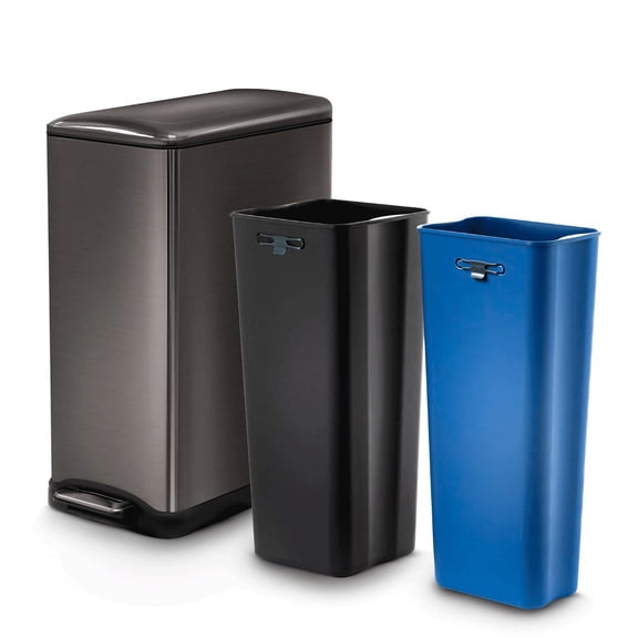 Dual Compartment Trash & Recycling Can for Kitchen, 13 GALLON, Durable Plastic, Black, Soft-Close Lid, Removable Inner Buckets