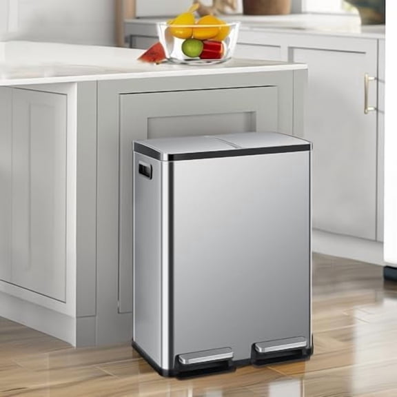Dual Compartment Trash & Recycling Can for Kitchen, 16 Gallon, Stainless Steel, Silver, Soft-Close Lid, Removable Inner Buckets