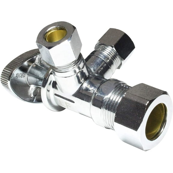 Dual Compression Outlet Angle Stop Valve, Plumbing Fitting, Quarter Turn, Single Handle Independent Multi-Select Positions, Water Valve Shut Off 1/2" NOM (5/8" OD) x (3/8 inch x 3/8 inch)