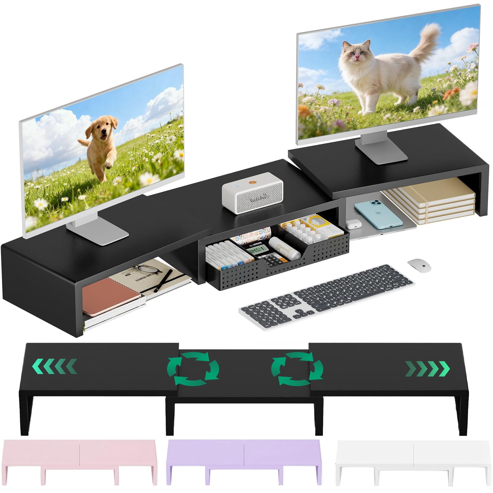Dual Computer Monitor Stand Riser  Desk Organizer With Drawer Office Accessories & Workspace Organizers For Home Supplies Black