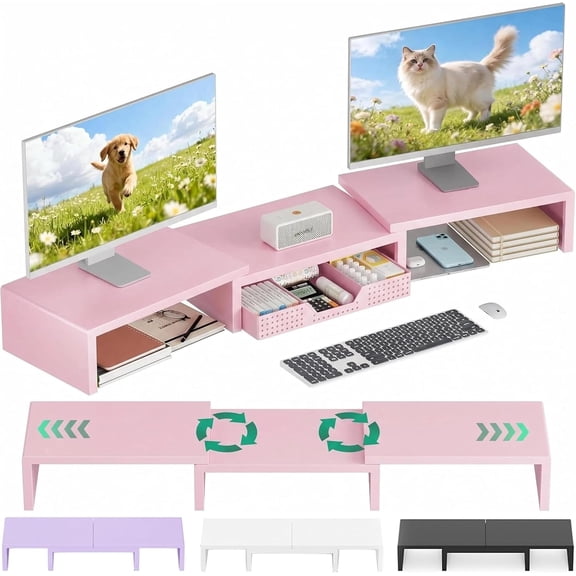 Dual Computer Monitor Stand Riser, Desk Organizer with Drawer, Office Desk Accessories & Worpace Organizers for Home Office Supplies, Pink