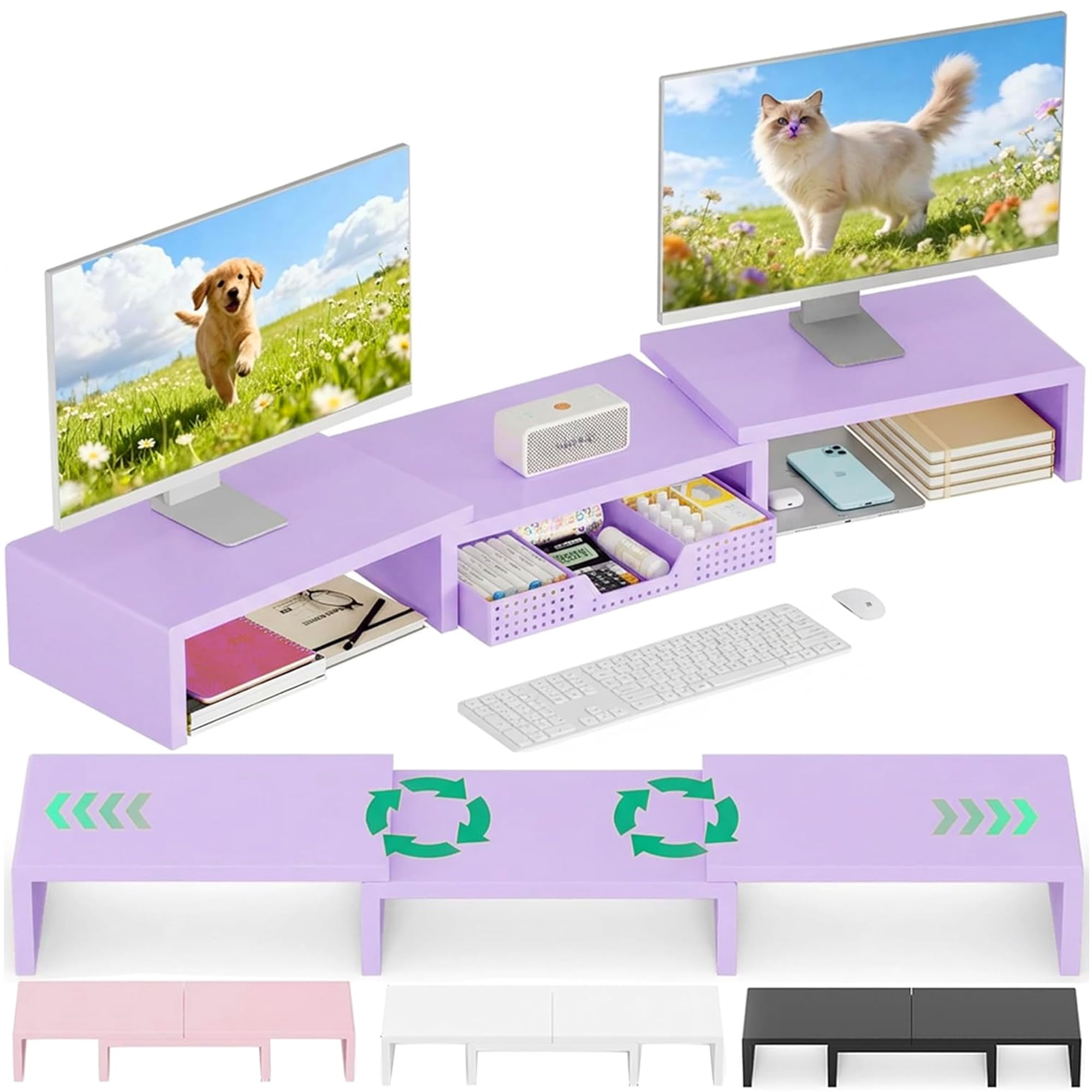 Dual Computer Monitor Stand Riser With Drawer  Workspace Desk Organizer Office Supplies Accessories For Women Purple