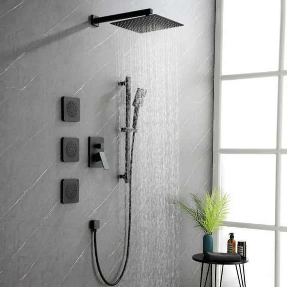 Dual-Control 3-Function Shower System with Hand Shower, 3 Bodysprays & Slide Bar  Complete Bathroom Fixture Package Includes Metal Lever Handles