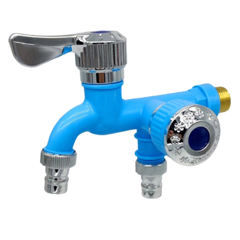 Dual Control Double Outlet Water Tap 1/2" Universal Interface Plastic Faucet Home Bathroom Hose Irrigation Quick Connector blue