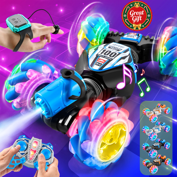 Dual Control Gesture Sensing RC Stunt Car with Colorful LED Light Up Wheels, 360° Rotating Twist Drift All Terrain Vehicle, Rechargeable Toy Car, Christmas Birthday Gift for Kids Boys Girls Ages 6+