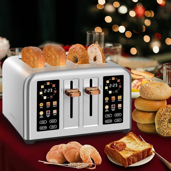 Dual Control Touch Screen 4-Slice 304 Stainless Steel, Intelligent Toaster, Digital Timer 1800W, Silver Metallic Paint Dark Metallic