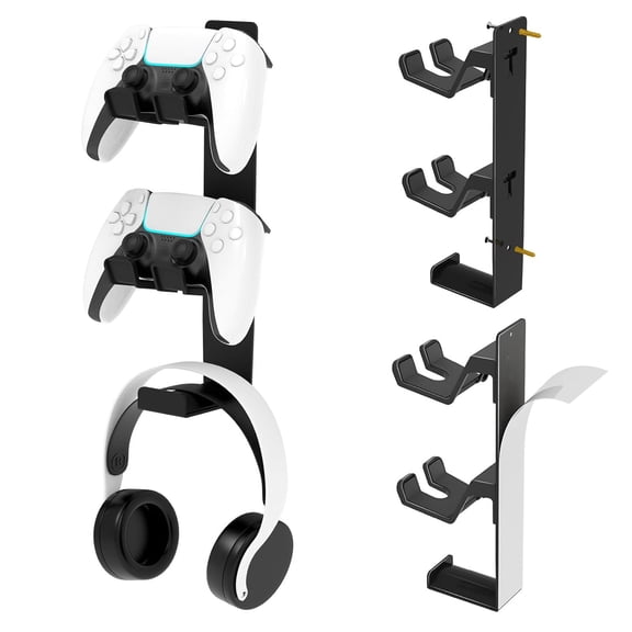 Dual Controller Holder Wall Mount, Metal Headset Stand for PS5/4, with Stable 3M Adhesive, Strong Adhesive by Screws, Black