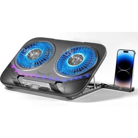 Dual-Core TEC Laptop Cooling Pad with Dual Stepless-Quiet Fans, 5-Height Adjustable Laptop Cooling Stand, 10-Level RGB for 13-17 Inch Laptops, Includes 15W Charger, Smoky Black