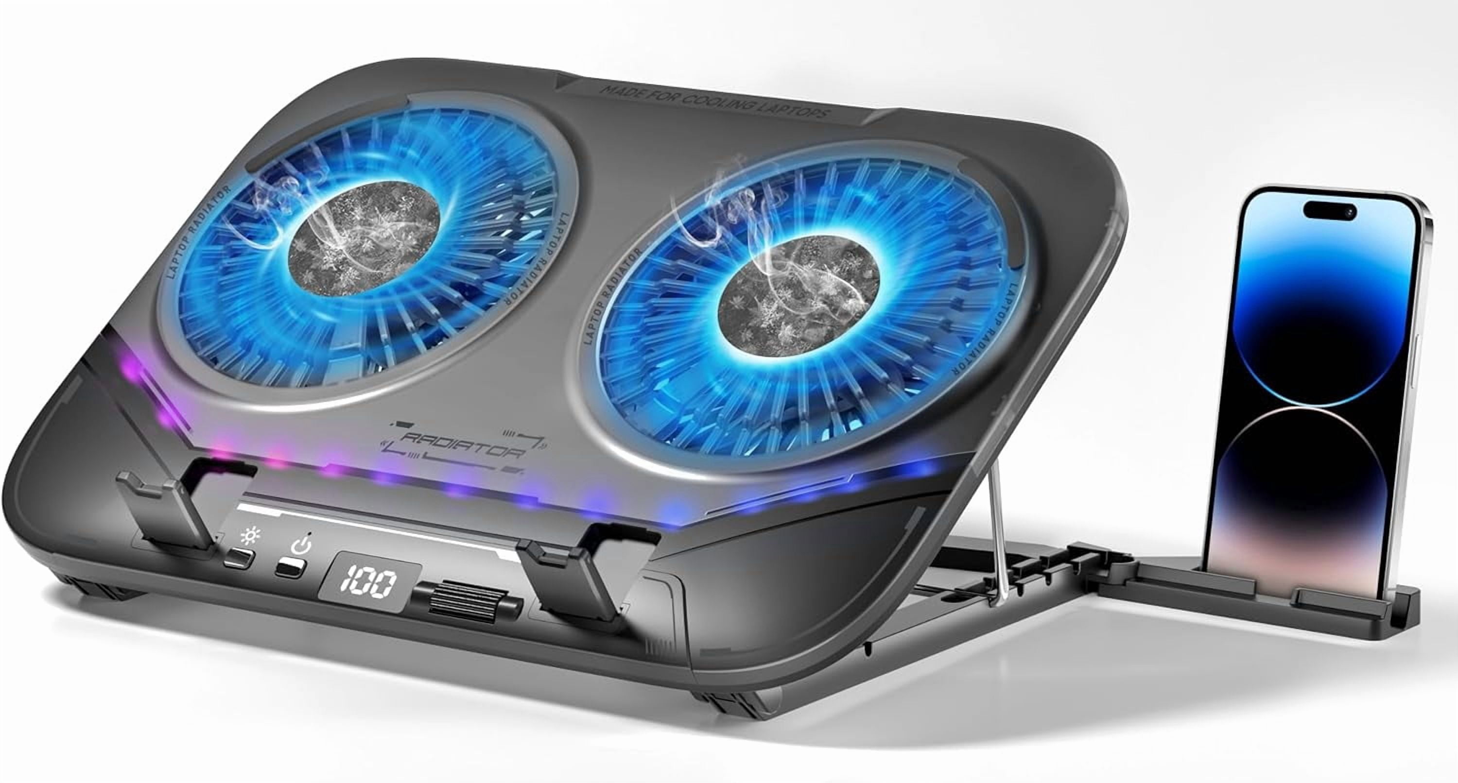 Dual-Core TEC Laptop Cooling Pad with Dual Stepless-Quiet Fans, 5-Height Adjustable Laptop Cooling Stand, 10-Level RGB for 13-17 Inch Laptops, Includes 15W Charger, Black