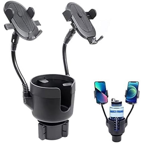 Dual Cup Holder Phone Mount for Car2-in-1 Adjustable Gooseneck Cradle with 360 Rotation Heavy Duty Universal Automobile Stand Most 4"-6.7" i-Phone Mobile-Phone