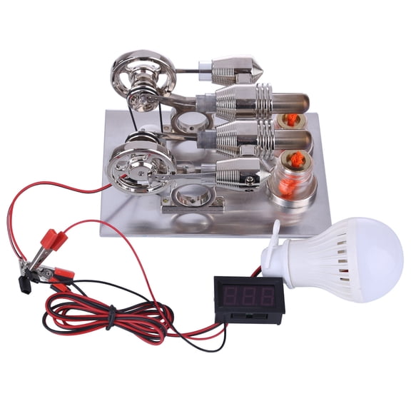 Dual Cylinder Stirling Engine Model with Voltage Display Meter & Bulb - Silver Metal Physics Science Experiment Generator for Adults