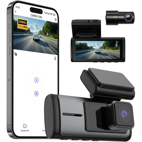 Dual Dash Cam, 1080P Front + 720P Rear, Wi-Fi App Control, Loop Recording, G-Sensor, No SD Card Included