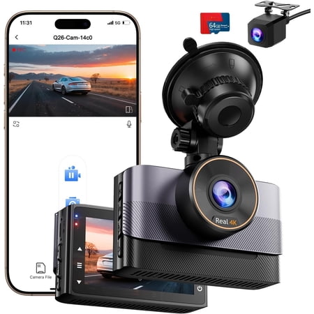 Dual Dash Cam Front and Rear 4K+1080P, 64GB Card Included, Built-in WiFi Dash Camera for with APP, 24H Parking Mode, Night Vision, G-Sensor, Loop Recording, WDR, 170? Wide Angle, 3"IPS Screen