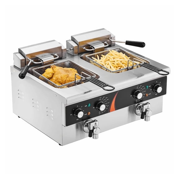Dual Deep Fryer, 3500W Electric Countertop Fryer, 2 x 8.5L Stainless Steel Fryers with Baskets, Temp & Time Control, Commercial Restaurant Kitchen Use