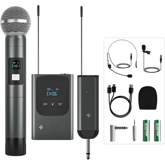 Dual Digital  Microphone System, w/Handheld Dynamic Microphone, Bodypack Transmitter, Mini Receiver, 2x15 UHF Frequencies, Headset/Lapel Mic for Singing (PDP-2-1H1B)