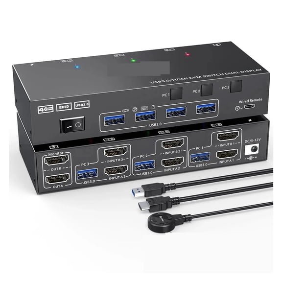 Dual Display USB 3.0 Dual Monitor KVM Switch Simulation EDID Extended Display Switcher for 3 Computers Share 2 Monitor